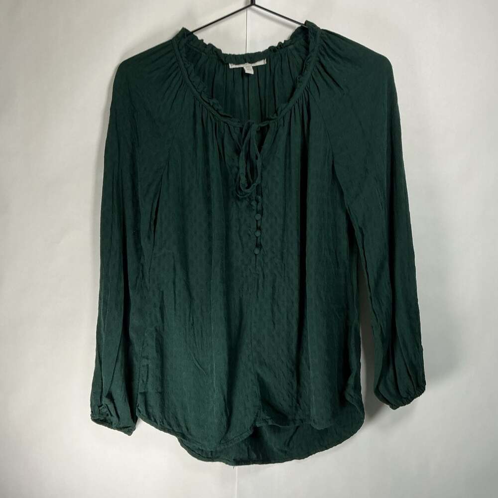 Pale Sky Hunter Green Long Sleeve Tie-Neck Peasant Blouse with Button Placket